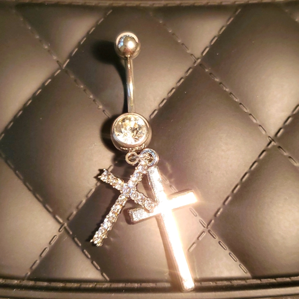 Stainless steel Belly button ring  jeweled dangled cross